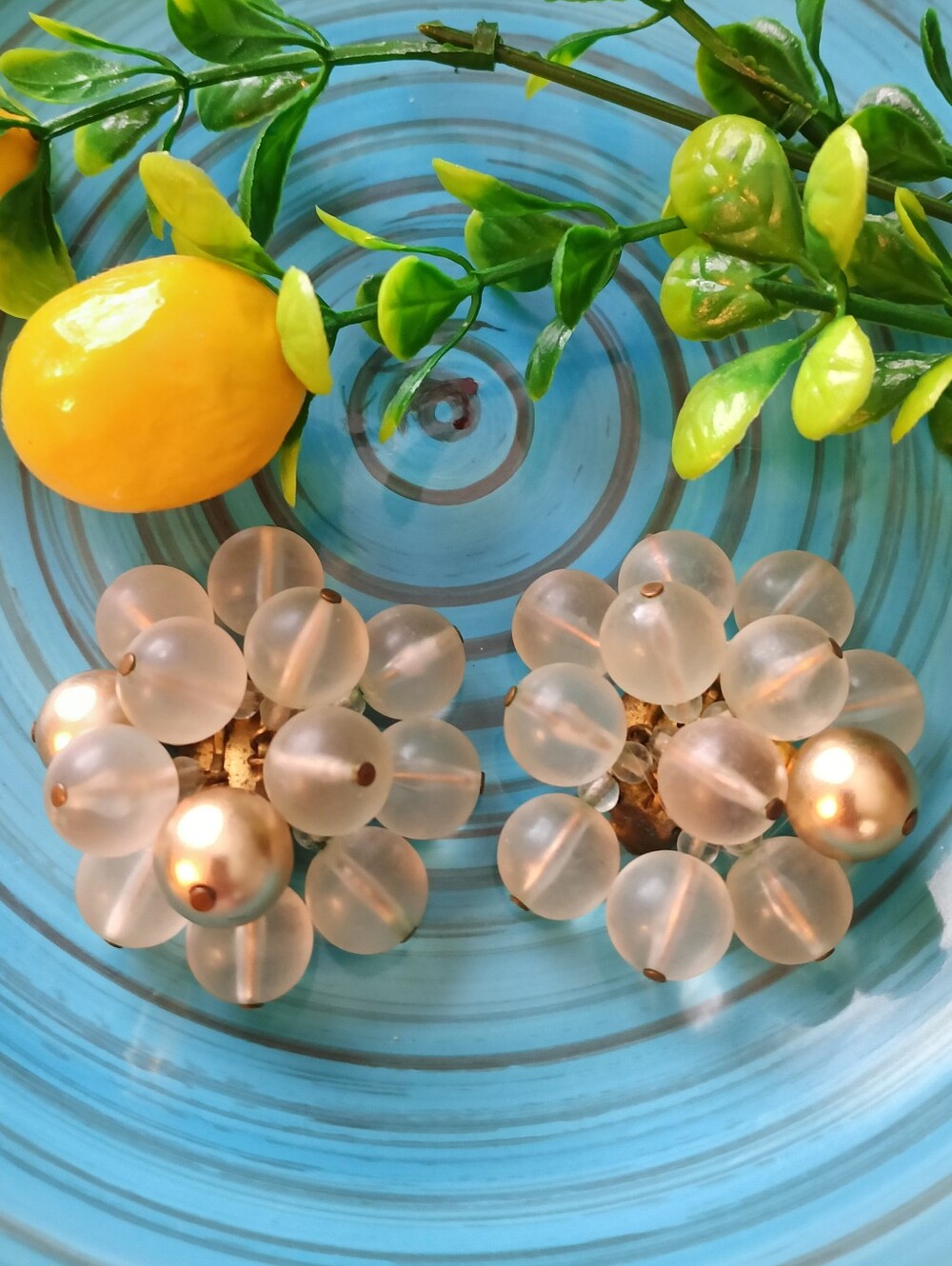 Vintage Large Gold & Clear Beaded Clip Earrings (1.5" x 1.5")